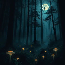 A haunting forest at night, shrouded in mystery, with tall, dark trees casting elongated shadows under a silvery full moon