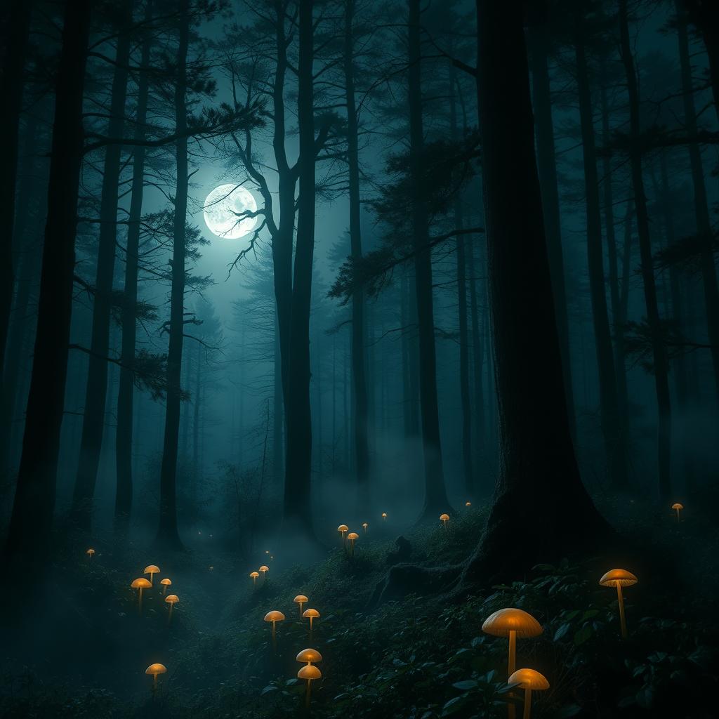 A haunting forest at night, shrouded in mystery, with tall, dark trees casting elongated shadows under a silvery full moon