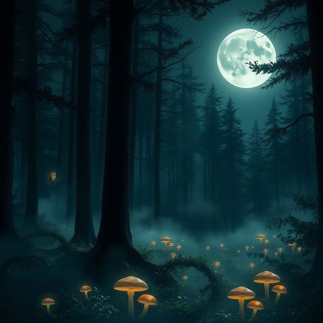 A haunting forest at night, shrouded in mystery, with tall, dark trees casting elongated shadows under a silvery full moon