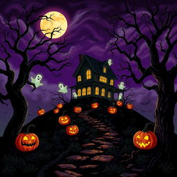 A Halloween-themed scene featuring a haunted house perched on a hill, surrounded by spooky, gnarled trees that reach out like skeletal hands