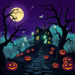 A Halloween-themed scene featuring a haunted house perched on a hill, surrounded by spooky, gnarled trees that reach out like skeletal hands