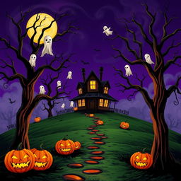 A Halloween-themed scene featuring a haunted house perched on a hill, surrounded by spooky, gnarled trees that reach out like skeletal hands