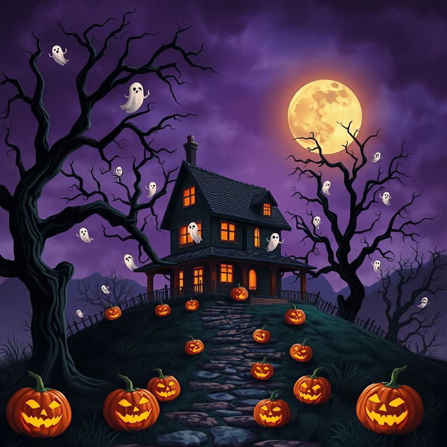 A Halloween-themed scene featuring a haunted house perched on a hill, surrounded by spooky, gnarled trees that reach out like skeletal hands