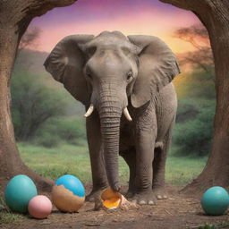 An elephant laying an egg, with half of the egg revealing a baby elephant, in a vibrant magical setting.