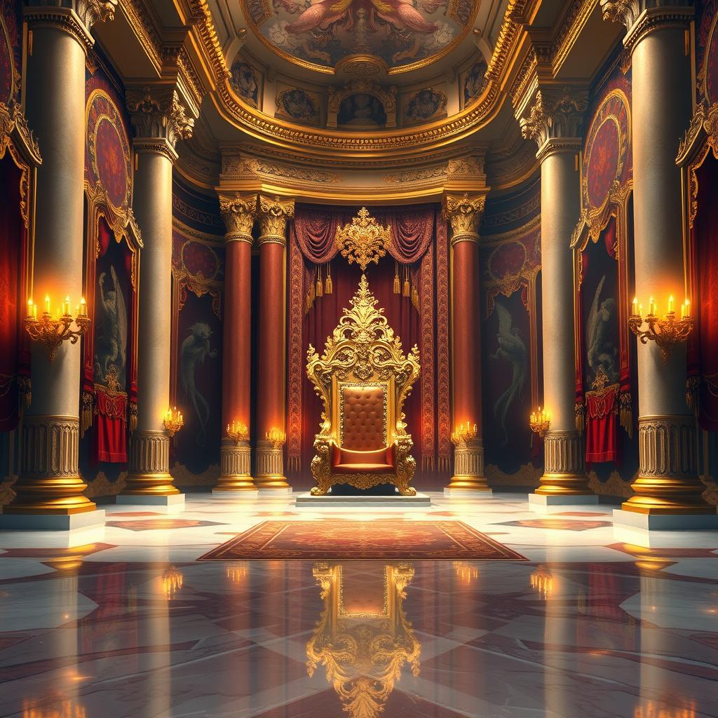 A stunning book cover design featuring an opulent royal throne room, intricately detailed digital painting