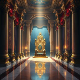 A stunning book cover design featuring an opulent royal throne room, intricately detailed digital painting