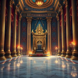 A stunning book cover design featuring an opulent royal throne room, intricately detailed digital painting