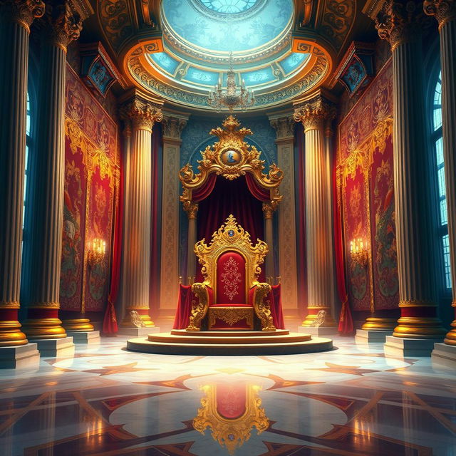 A stunning book cover design featuring an opulent royal throne room, intricately detailed digital painting