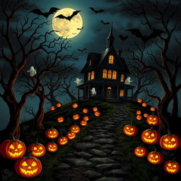 A Halloween-themed scene depicting a haunted house sitting atop a hill, surrounded by eerie, twisted trees with skeletal branches