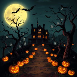 A Halloween-themed scene depicting a haunted house sitting atop a hill, surrounded by eerie, twisted trees with skeletal branches