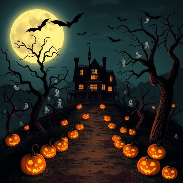 A Halloween-themed scene depicting a haunted house sitting atop a hill, surrounded by eerie, twisted trees with skeletal branches