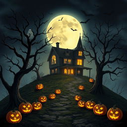 A Halloween-themed scene depicting a haunted house sitting atop a hill, surrounded by eerie, twisted trees with skeletal branches