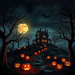 A Halloween-themed scene depicting a haunted house sitting atop a hill, surrounded by eerie, twisted trees with skeletal branches