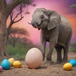 An elephant laying an egg, with half of the egg revealing a baby elephant, in a vibrant magical setting.