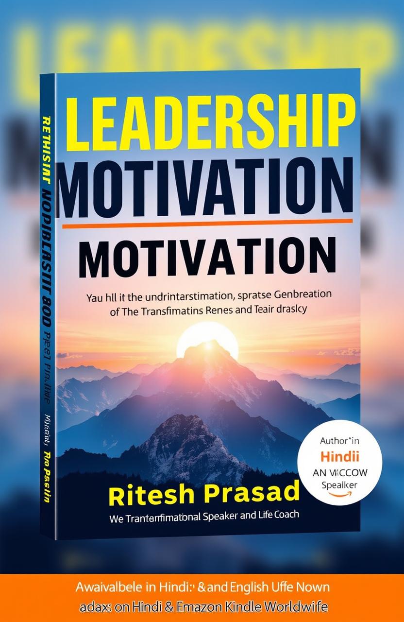 A visually striking book cover for 'Leadership Motivation' featuring bold, modern typography for the title and subtitle, set against a dynamic background that symbolizes inspiration and leadership, such as a sunrise over a mountain range