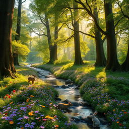 An enhanced, magical forest with vivid greenery, towering trees with thick trunks, and lush canopies filtering sunlight