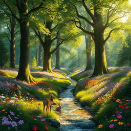 An enhanced, magical forest with vivid greenery, towering trees with thick trunks, and lush canopies filtering sunlight