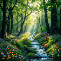 An enhanced, magical forest with vivid greenery, towering trees with thick trunks, and lush canopies filtering sunlight