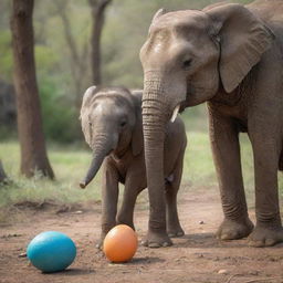 An elephant laying an egg, with half of the egg revealing a baby elephant, in a vibrant magical setting.