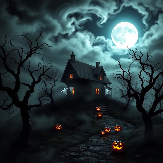 A Halloween-themed scene showcasing a haunted house on a foggy hill, surrounded by gnarled, spooky trees