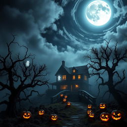A Halloween-themed scene showcasing a haunted house on a foggy hill, surrounded by gnarled, spooky trees