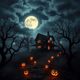 A Halloween-themed scene showcasing a haunted house on a foggy hill, surrounded by gnarled, spooky trees