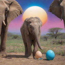 An elephant laying an egg, with half of the egg revealing a baby elephant, in a vibrant magical setting.