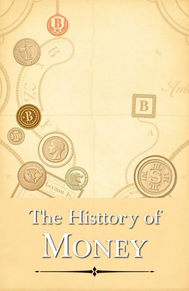 A presentation cover depicting the history of money, featuring a subtle background that showcases the historical flow of money, including ancient coins, notes, and barter symbols