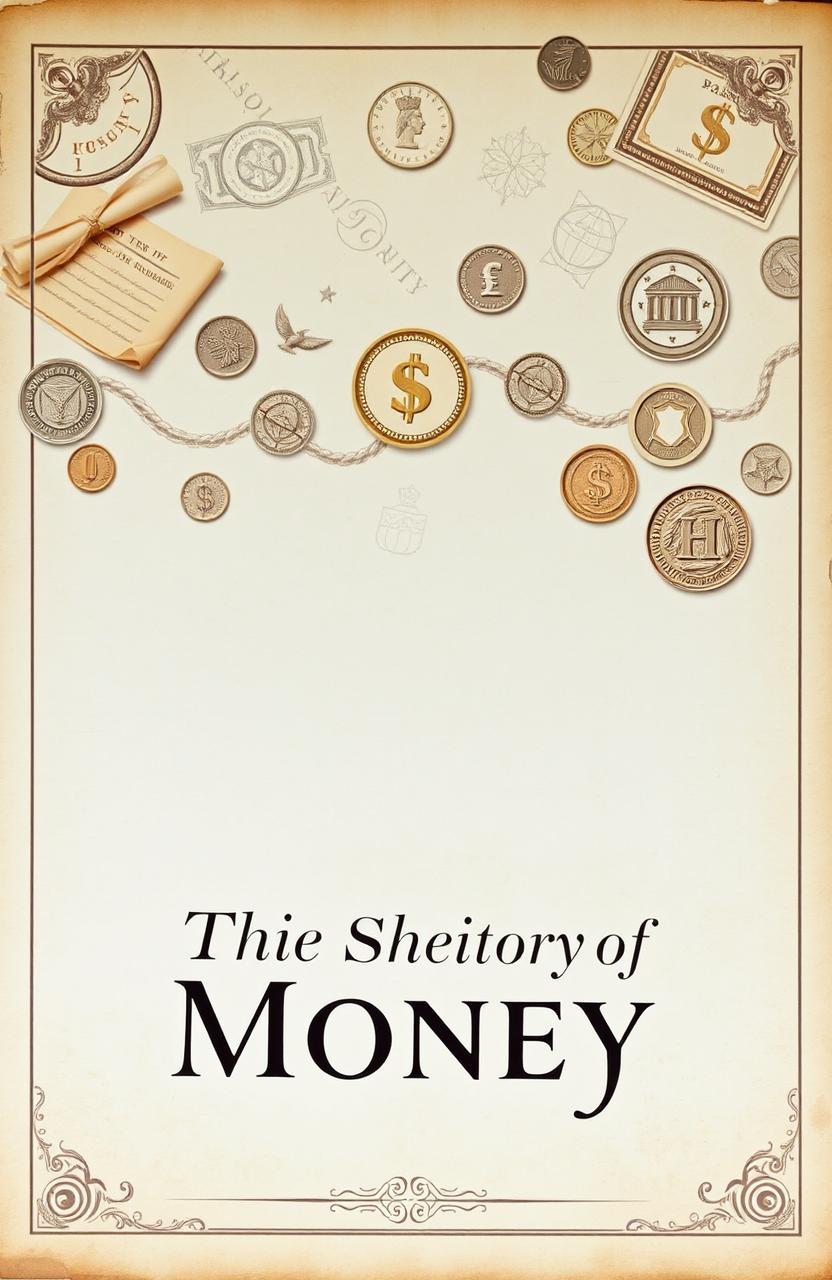 A presentation cover depicting the history of money, featuring a subtle background that showcases the historical flow of money, including ancient coins, notes, and barter symbols