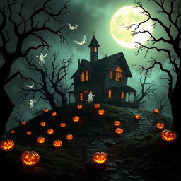 A Halloween-themed scene showcasing a haunted house on a desolate hill, surrounded by sinister, twisted trees with long, shadowy branches