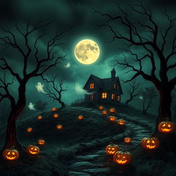 A Halloween-themed scene showcasing a haunted house on a desolate hill, surrounded by sinister, twisted trees with long, shadowy branches