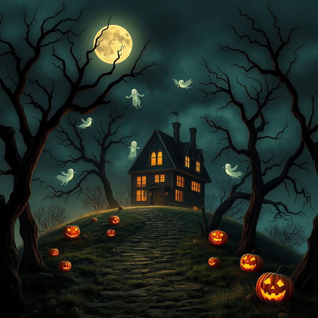 A Halloween-themed scene showcasing a haunted house on a desolate hill, surrounded by sinister, twisted trees with long, shadowy branches