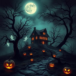 A Halloween-themed scene showcasing a haunted house on a desolate hill, surrounded by sinister, twisted trees with long, shadowy branches