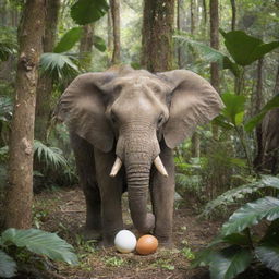 An elephant tenderly incubating an egg in a tropical jungle scenery