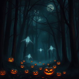 A chilling forest scene shrouded in mist, with towering dark trees casting ominous shadows