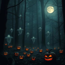 A chilling forest scene shrouded in mist, with towering dark trees casting ominous shadows