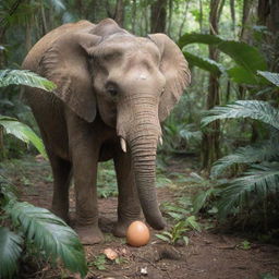 An elephant tenderly incubating an egg in a tropical jungle scenery