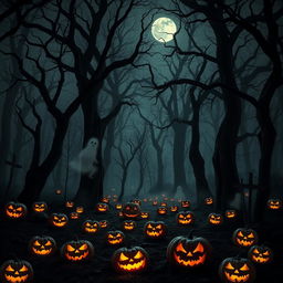 A spooky forest scene filled with towering, gnarled trees, their branches reaching out like skeletal arms