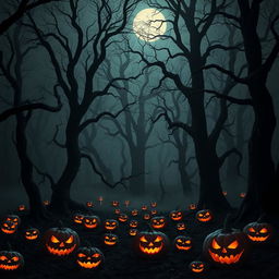 A spooky forest scene filled with towering, gnarled trees, their branches reaching out like skeletal arms