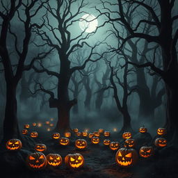 A spooky forest scene filled with towering, gnarled trees, their branches reaching out like skeletal arms