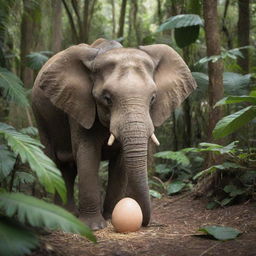 An elephant tenderly incubating an egg in a tropical jungle scenery