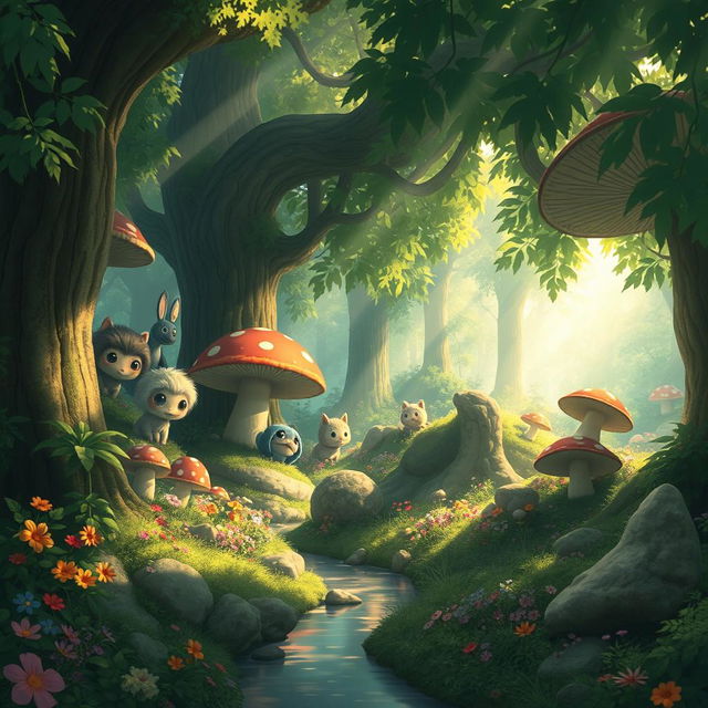 A magical Ghibli studio-style forest, lush with vibrant greenery and oversized mushrooms, soft beams of sunlight filtering through the dense canopy