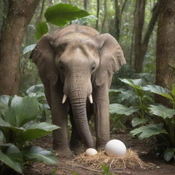 An elephant tenderly incubating an egg in a tropical jungle scenery