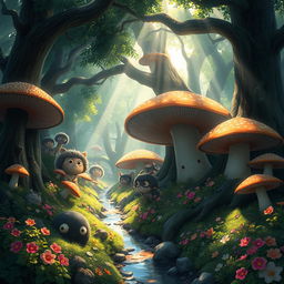A magical Ghibli studio-style forest, lush with vibrant greenery and oversized mushrooms, soft beams of sunlight filtering through the dense canopy