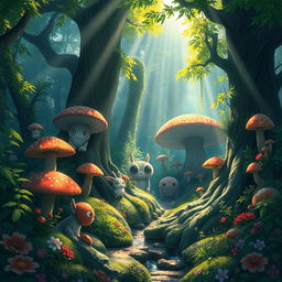 A magical Ghibli studio-style forest, lush with vibrant greenery and oversized mushrooms, soft beams of sunlight filtering through the dense canopy