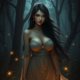 A stunning portrayal of Wewe Gombel, a character from Indonesian folklore, depicted as a beautiful woman with large breasts