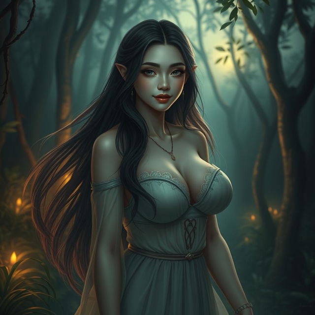 A stunning portrayal of Wewe Gombel, a character from Indonesian folklore, depicted as a beautiful woman with large breasts