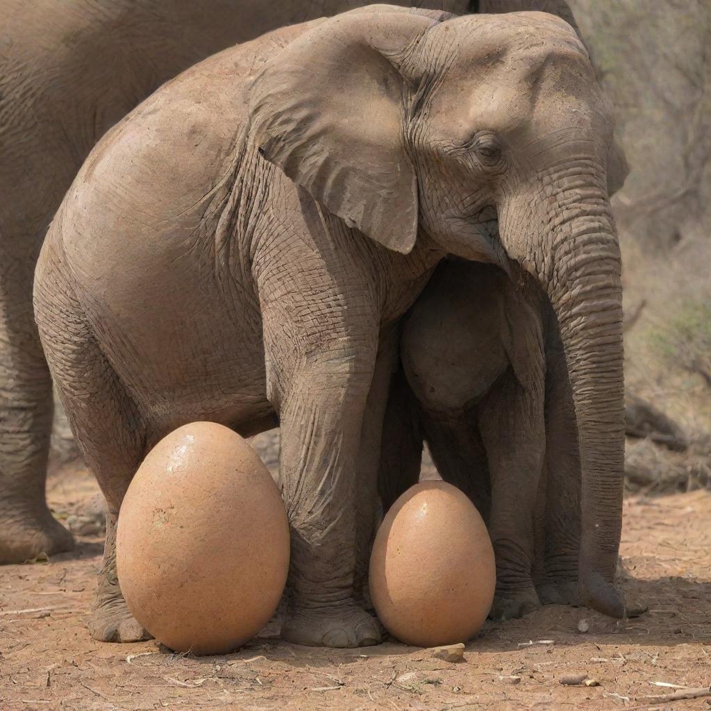 A large, detailed elephant egg sheltering a baby elephant and its mother inside.