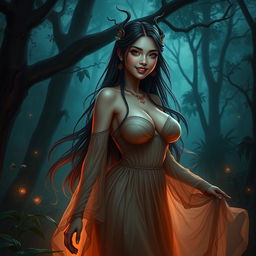 A stunning portrayal of Wewe Gombel, a character from Indonesian folklore, depicted as a beautiful woman with large breasts
