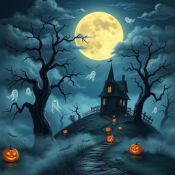 A detailed Halloween-themed illustration featuring a haunted house on a misty hillside, surrounded by tall, eerie trees with crooked branches and dark silhouettes